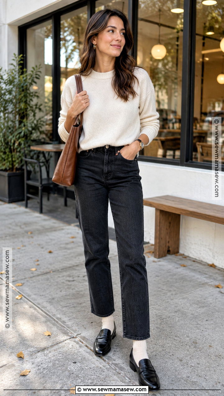 Black Jeans With Cream Sweater And Loafers - 25 Black Jeans Fall Outfit