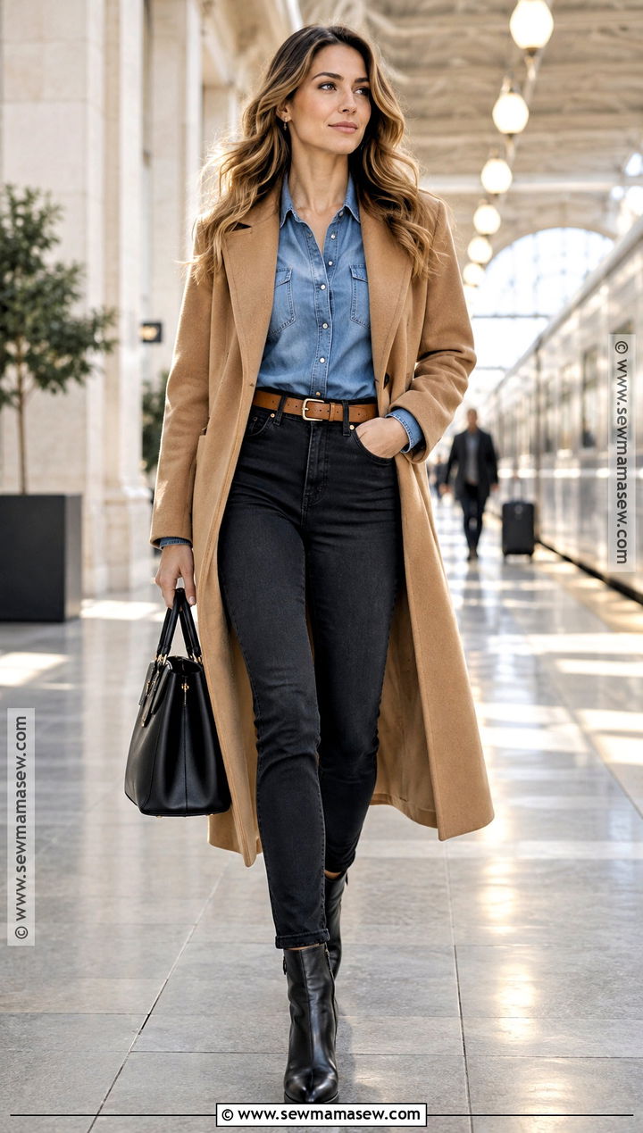 Black Jeans With Denim Shirt And Camel Coat - 25 Black Jeans Fall Outfit