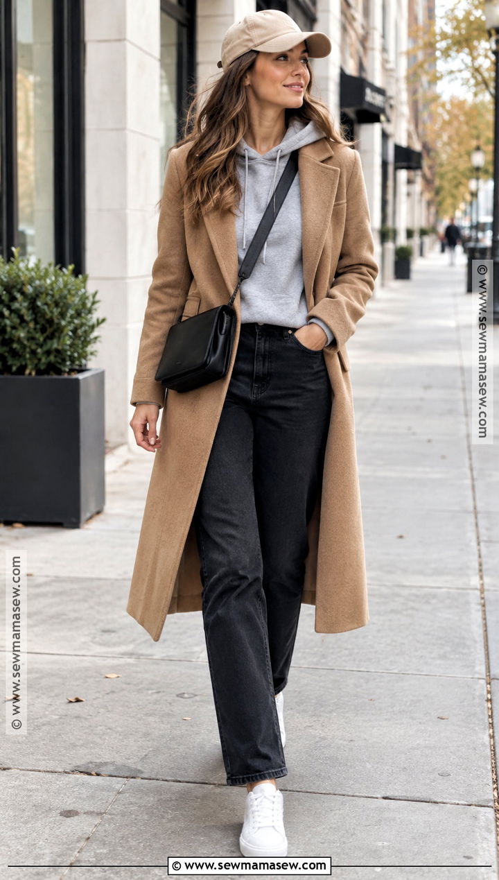 Black Jeans With Gray Hoodie And Wool Coat - 25 Black Jeans Fall Outfit