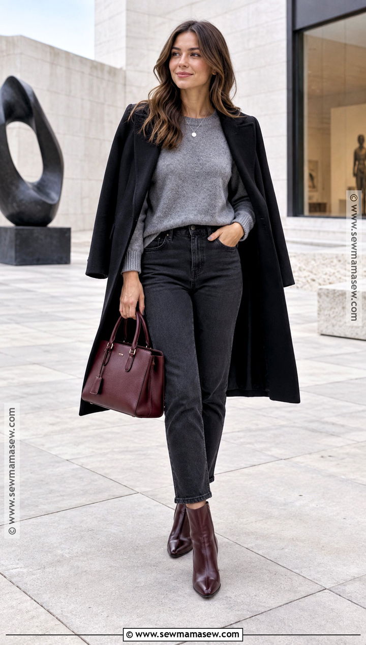 Black Jeans With Gray Sweater And Burgundy Boots - 25 black jeans outfit fall