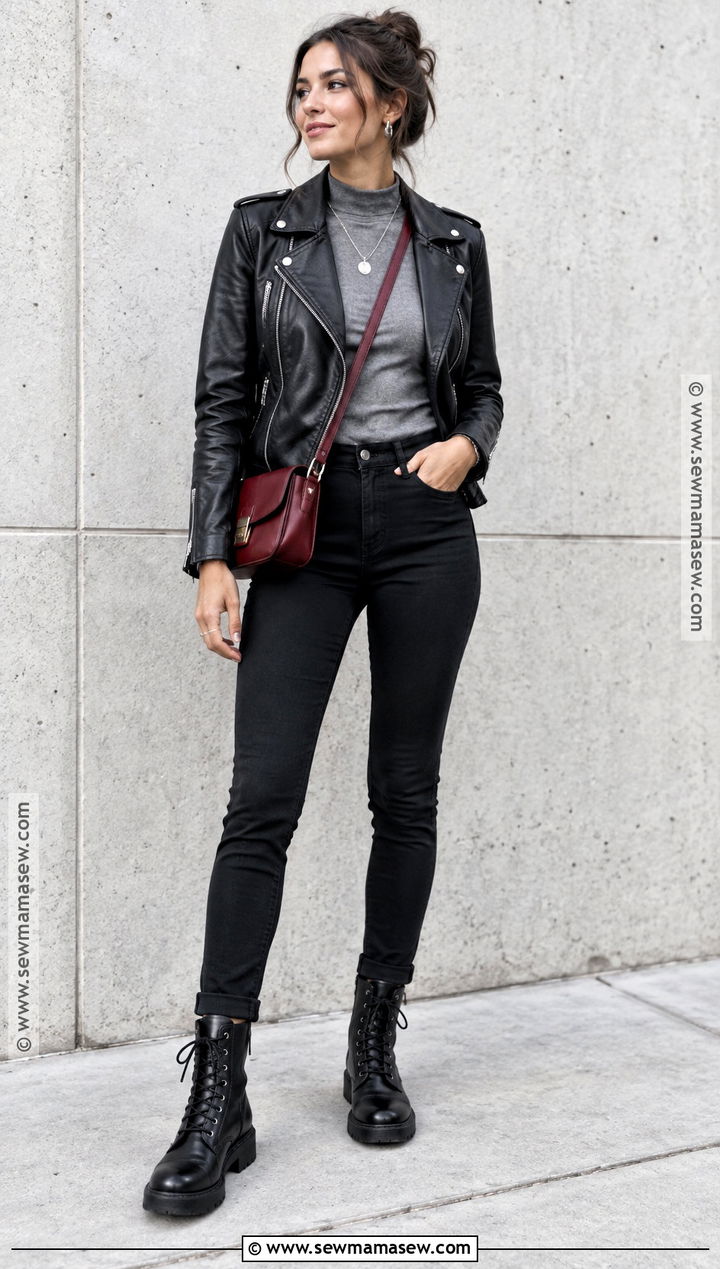 Black Jeans With Leather Jacket And Combat Boots - 15 Jean Pants Outfits Fall