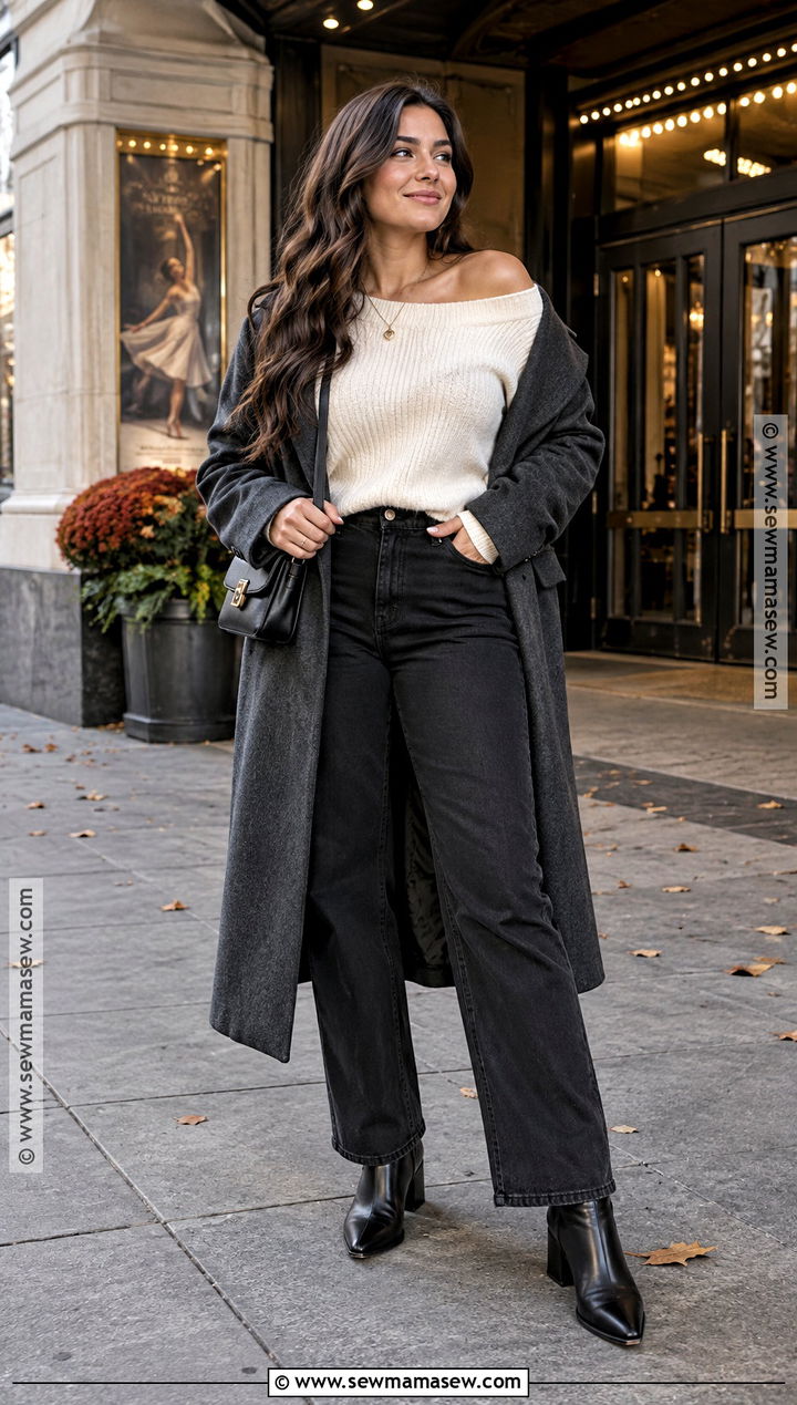 Black Jeans With Off the Shoulder Sweater - 20 date night jeans outfit fall