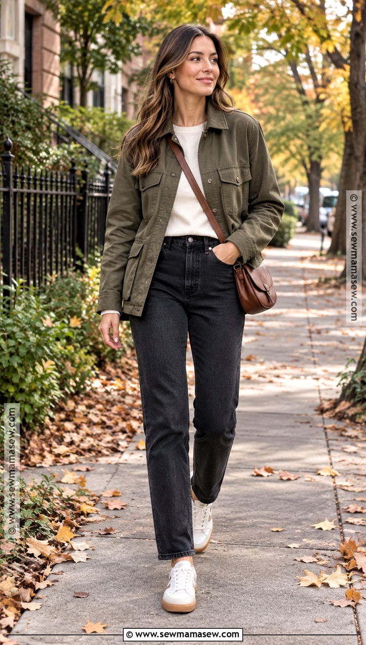 Black Jeans With Olive Utility Jacket And Sneakers - 25 black jeans outfit fall