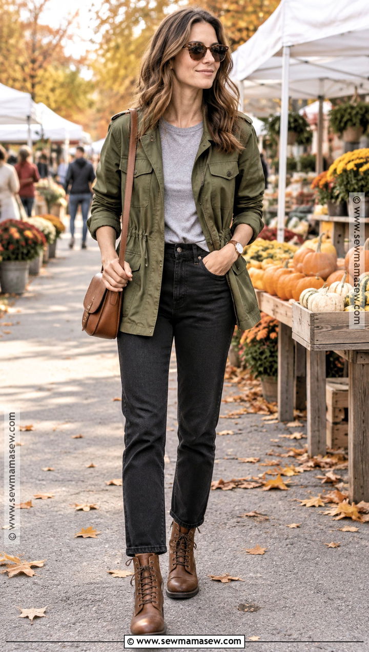 Black Jeans With Olive Utility Jacket Outfit - 20 black jeans autumn outfit