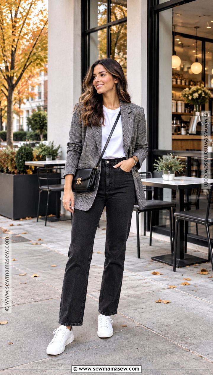 Black Jeans With Oversized Blazer And Sneakers - 20 black jeans outfit fall casual