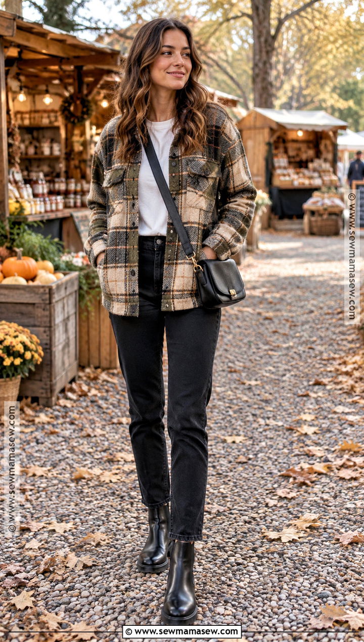 Black Jeans With Plaid Shacket - 20 jean outfits fall