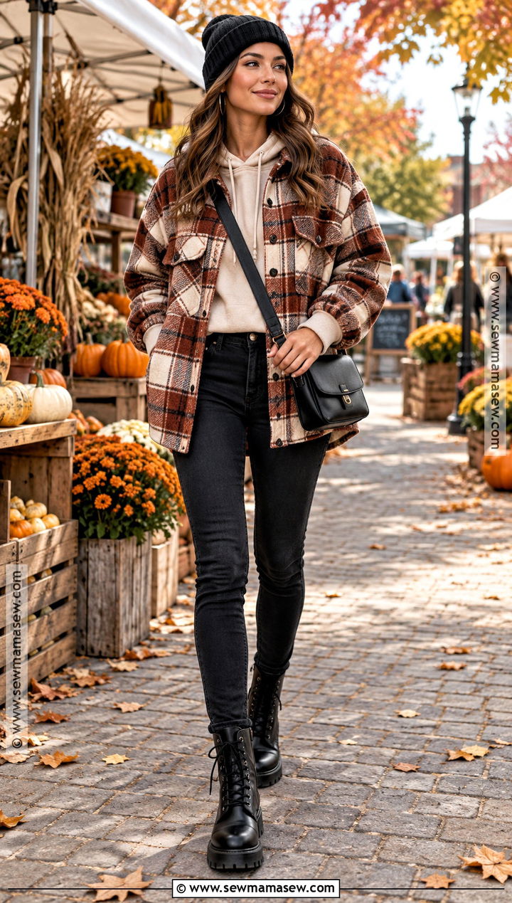 Black Jeans With Plaid Shacket And Combat Boots - 20 black jeans outfit autumn