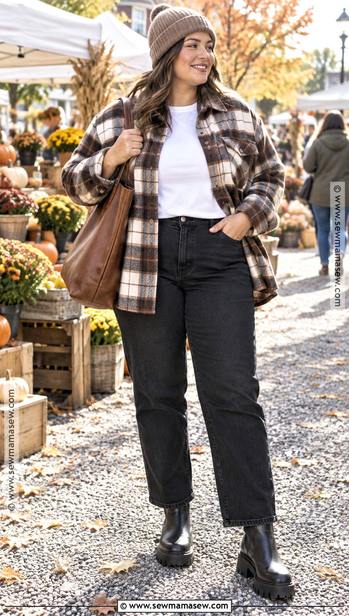 Black Jeans With Plaid Shacket - 15 cute fall jeans outfits