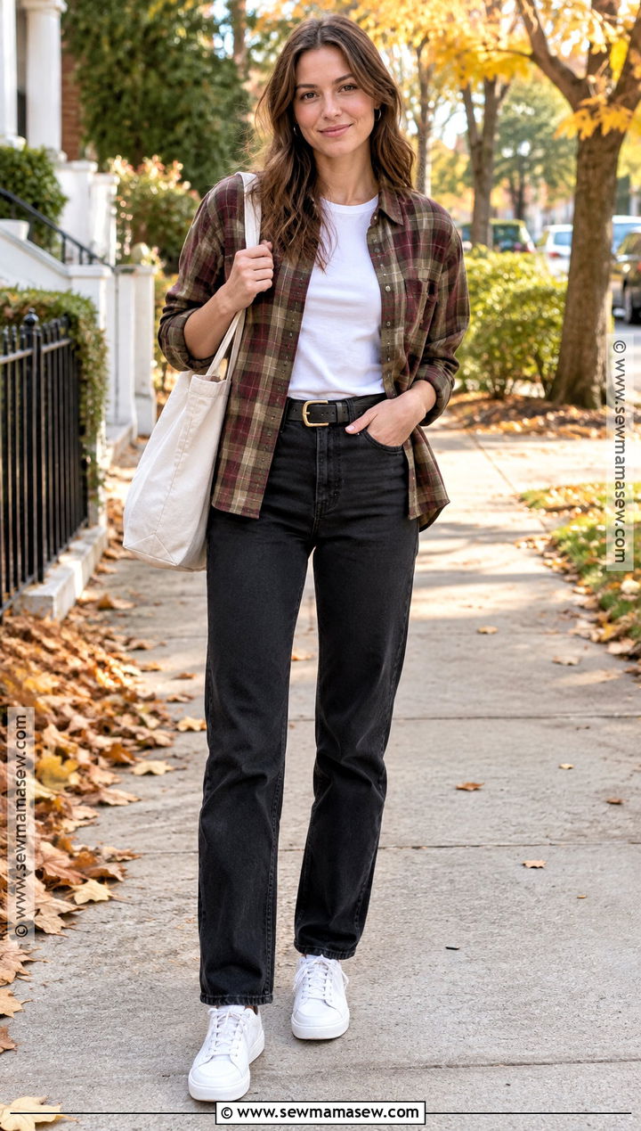 Black Jeans With Plaid Shirt And White Sneakers - 20 black jeans outfit fall casual