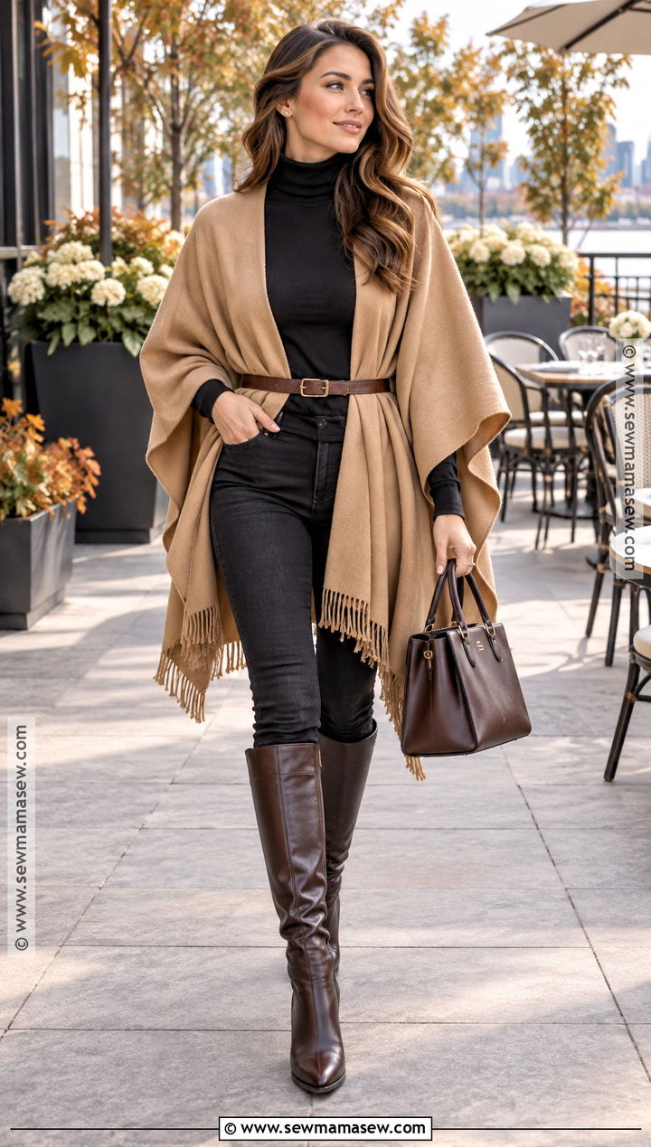 Black Jeans With Poncho And Tall Boots - 25 black jeans outfit fall