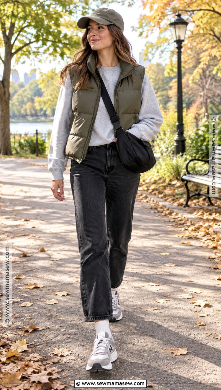 Black Jeans With Puffer Vest And Sneakers - 20 black jeans outfit autumn