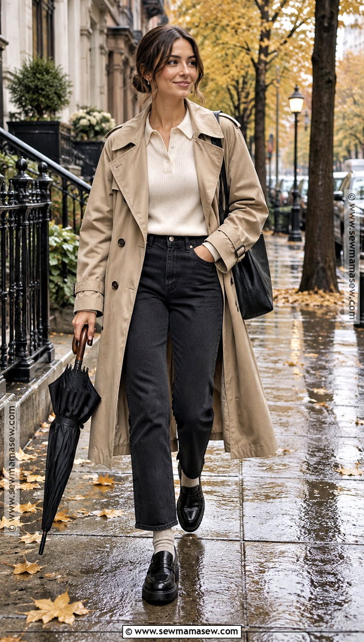 Black Jeans With Raincoat And Chunky Loafers - 20 black jeans outfit autumn