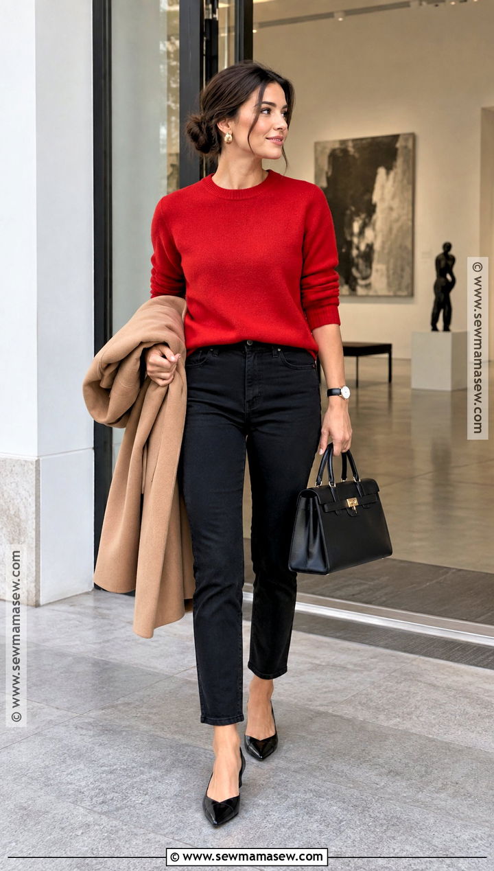 Black Jeans With Red Sweater And Black Flats - 25 black jeans outfit fall