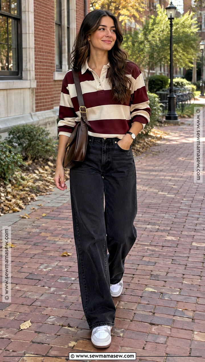 Black Jeans With Rugby Shirt And Sneakers - 25 Black Jeans Fall Outfit