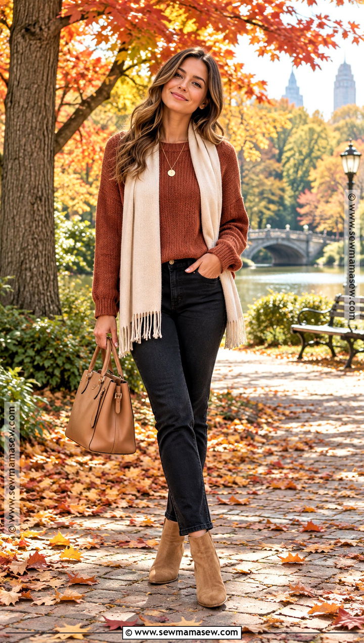 Black Jeans With Rust Knit Sweater - 20 Autumn Outfits Black Jeans