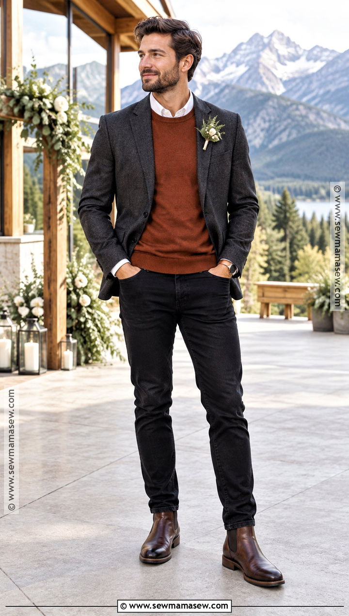 Black Jeans With Rust Sweater And Blazer - 15 fall wedding groom attire jeans