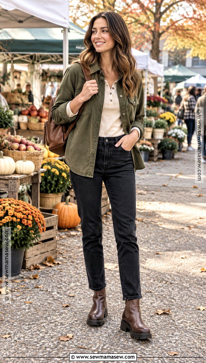 Black Jeans With Shacket And Henley Top - 20 black jeans outfit fall casual