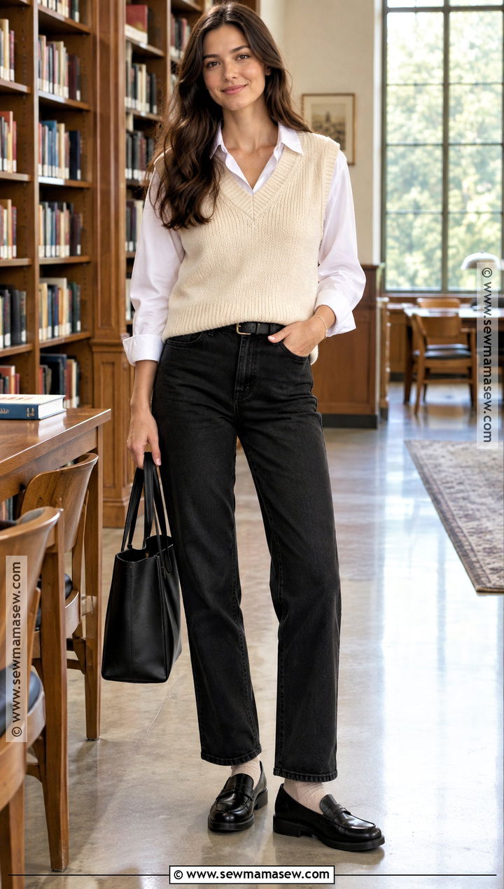 Black Jeans With Sweater Vest And Button Down Shirt - 20 black jeans outfit fall casual