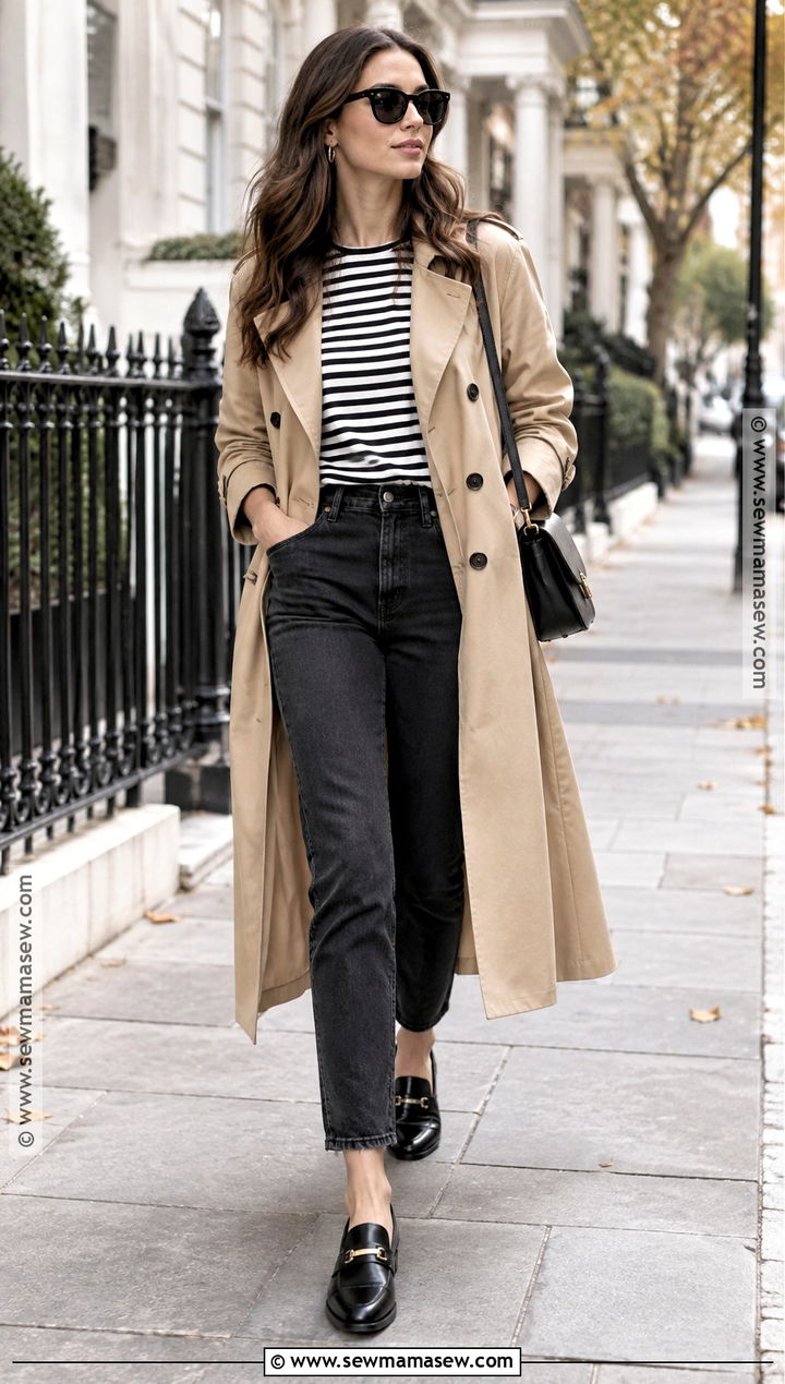 Black Jeans With Trench Coat And Striped T Shirt - 20 black jeans outfit fall casual
