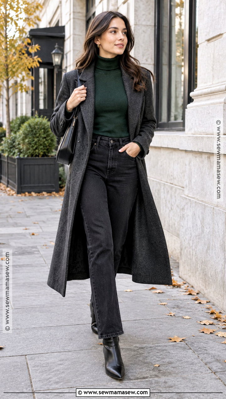 Black Jeans With Turtleneck And Long Coat Outfit - 20 black jeans autumn outfit