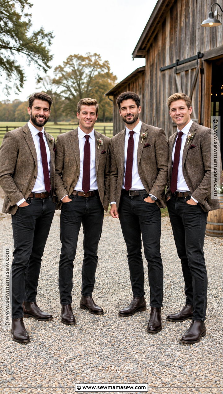 Black Jeans With Tweed Blazer And Boots - 15 fall rustic groomsmen attire ideas