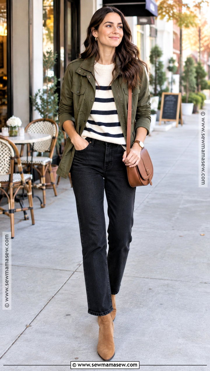 Black Jeans With Utility Jacket And Striped Sweater - 20 black jeans outfit fall casual