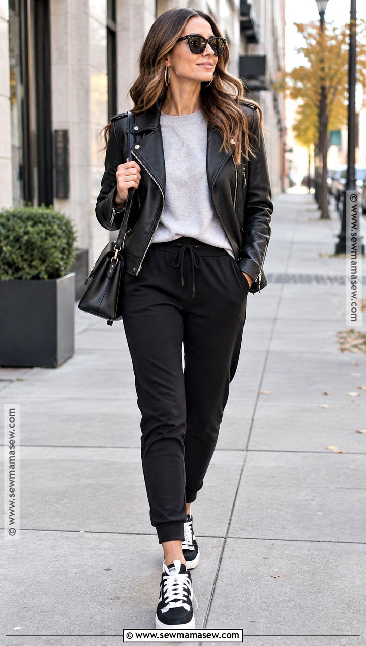 Black Jogger Outfit With Leather Jacket - 15 Fall Jogger Outfits Casual