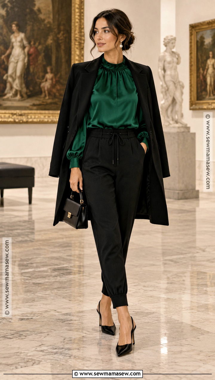 Black Joggers With Silk Blouse - 15 fall joggers outfit dressy ideas