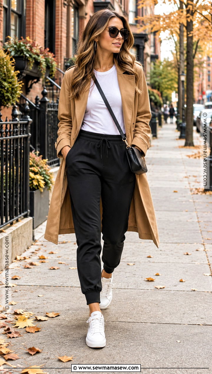Black Joggers With Trench Coat And Sneakers - 15 fall outfit joggers ideas