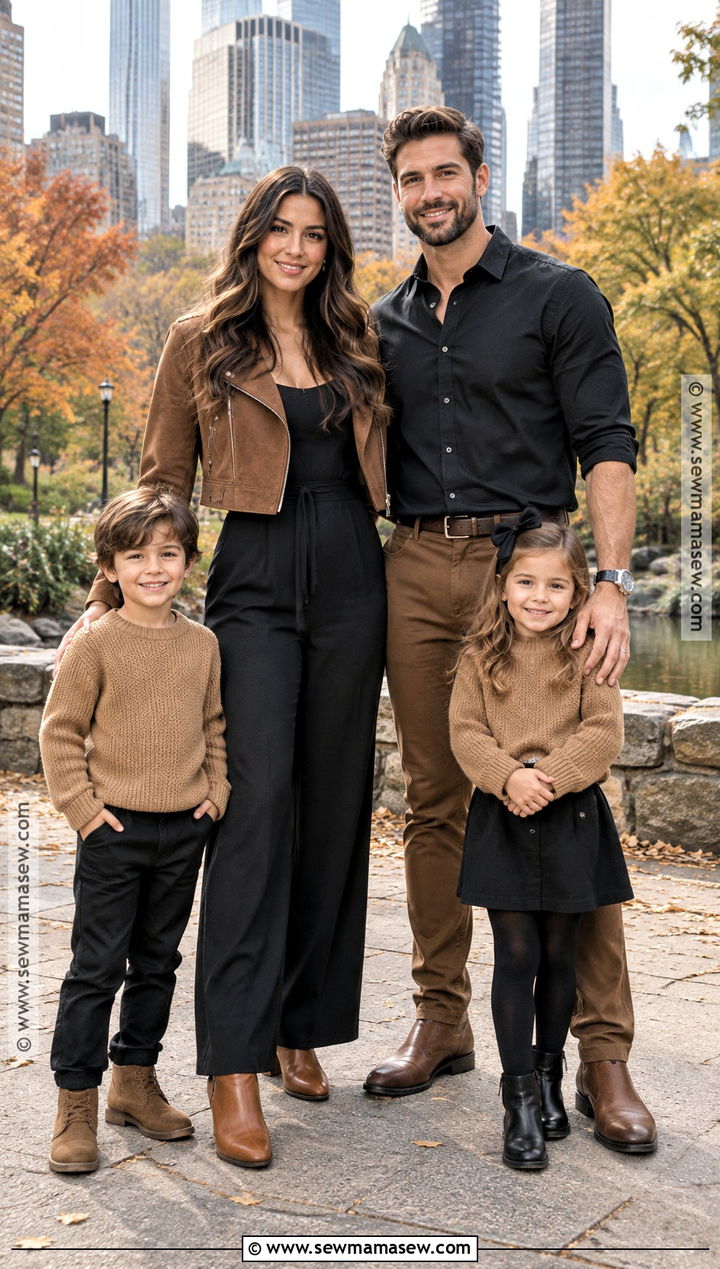 Black Jumpsuit And Brown Jacket Family Outfit - 15 fall family pictures outfits black and brown