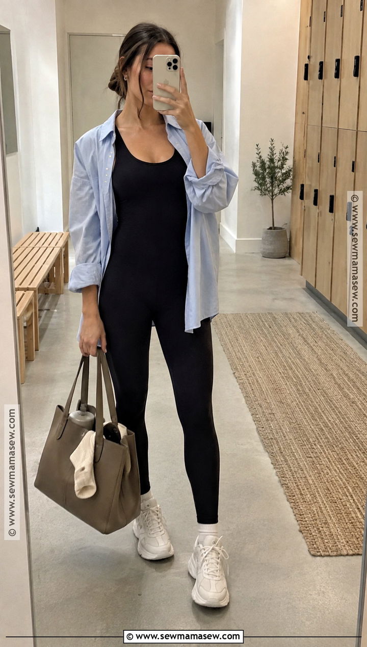 Black Jumpsuit And Button Down Pilates Outfit - 15 Autumn Workout Outfits