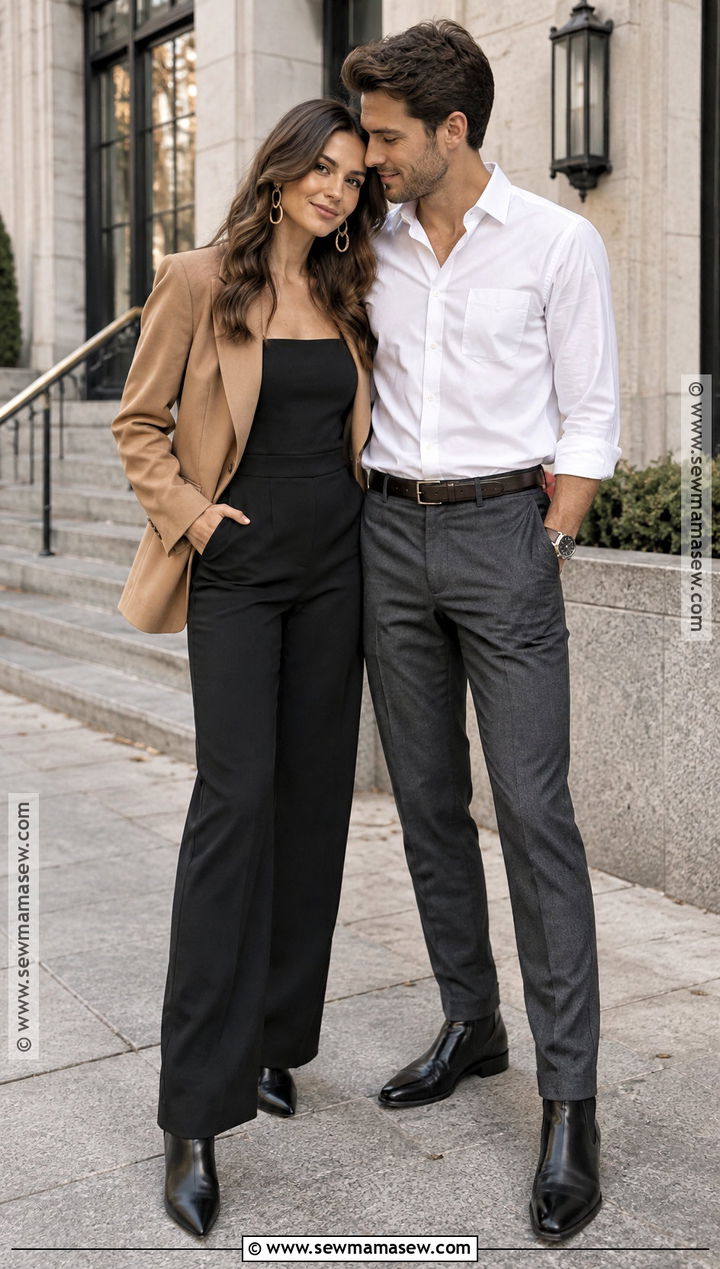 Black Jumpsuit And Camel Blazer Fall Engagement Photo Outfit - 20 outdoor engagement photos outfits fall