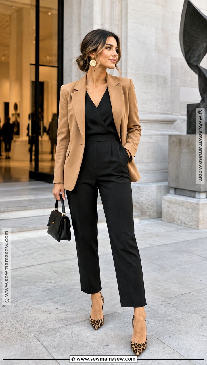 Black Jumpsuit And Camel Blazer Fall Wedding Guest Outfit - 25 casual fall wedding outfit guest ideas