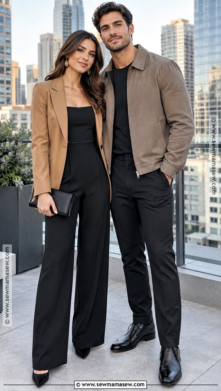 Black Jumpsuit And Camel Blazer Save The Date Outfit - 15 save the date outfit ideas fall