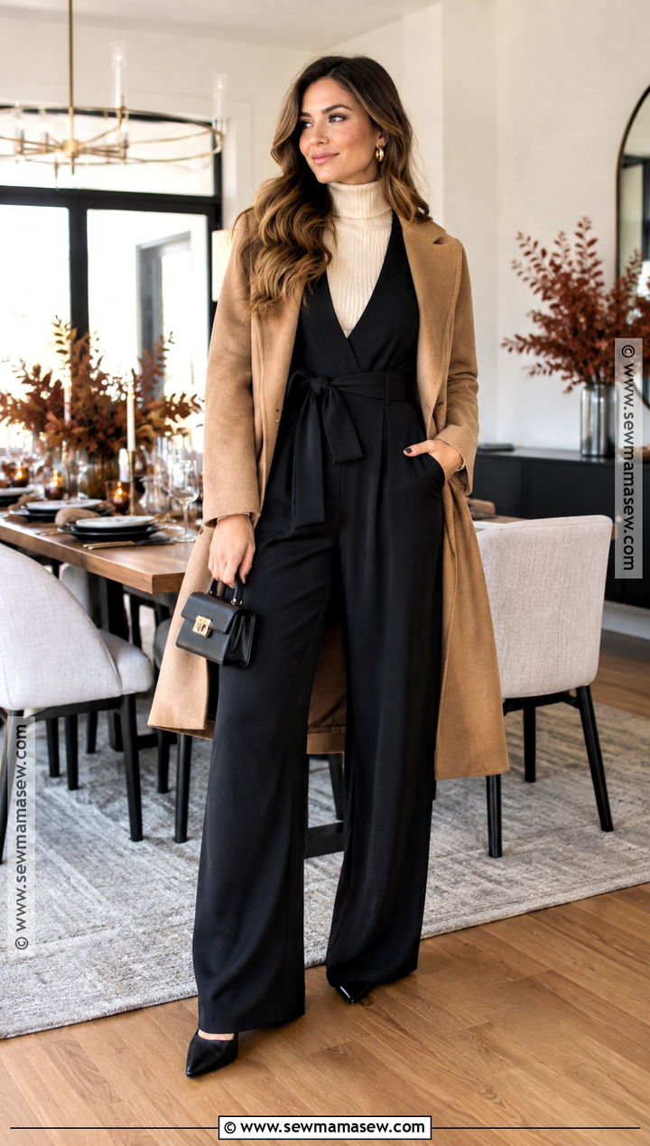 Black Jumpsuit And Camel Coat Thanksgiving Outfit - 20 Thanksgiving Inspo Outfits
