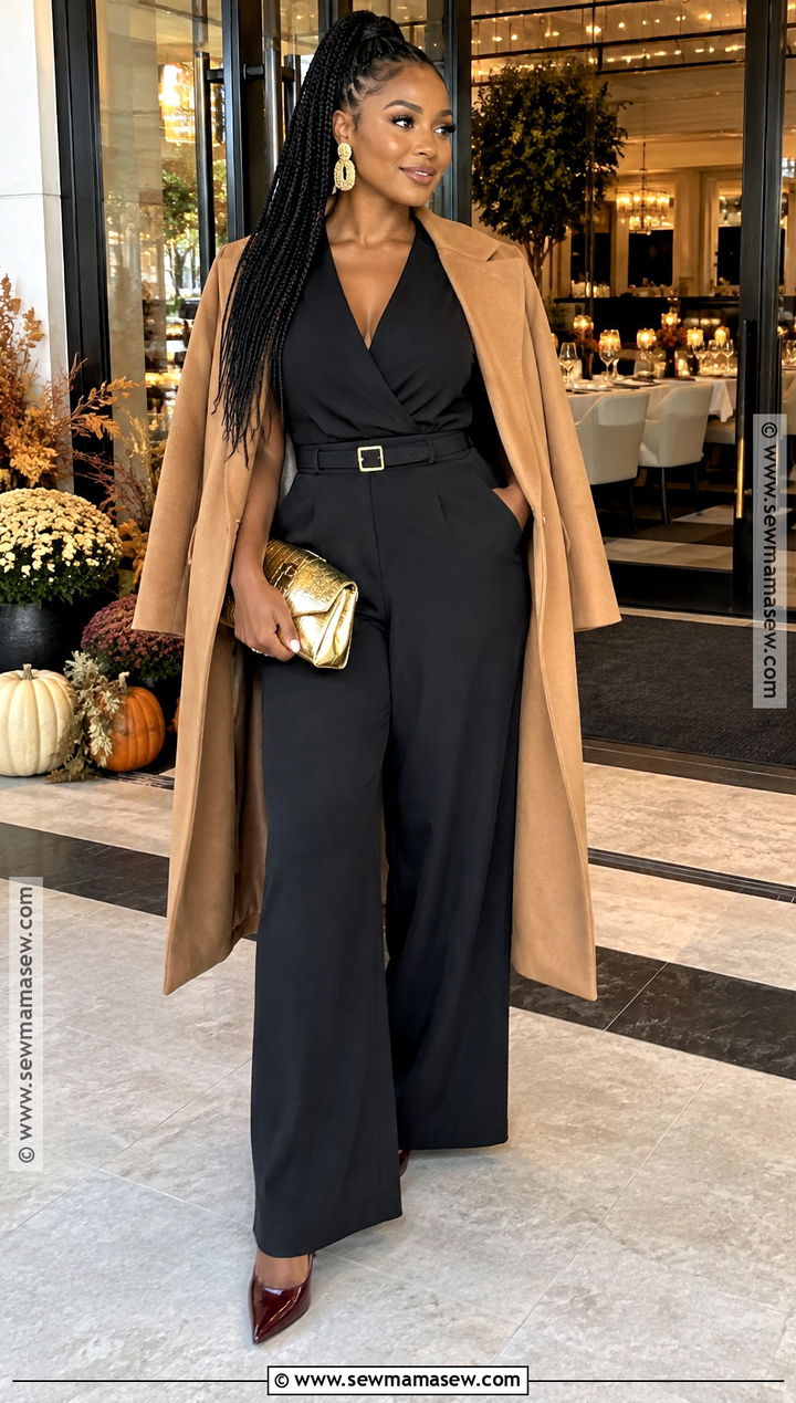 Black Jumpsuit And Camel Coat Thanksgiving Outfit - 15 black woman thanksgiving outfit ideas