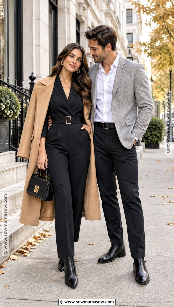 Black Jumpsuit And Camel Trench Engagement Outfit - 15 fall engagement photoshoot outfits