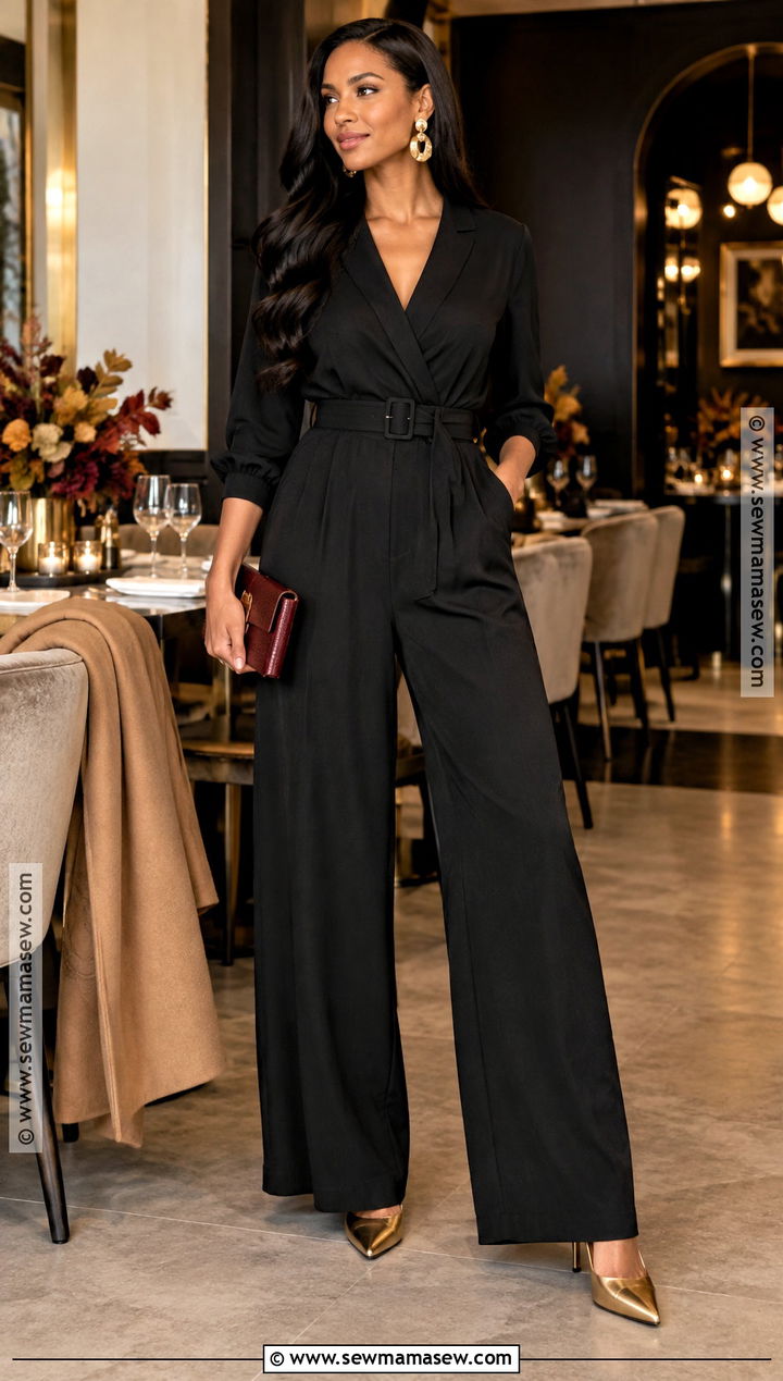 Black Jumpsuit And Gold Accessories Thanksgiving Outfit - 20 Fancy Thanksgiving Outfit Ideas