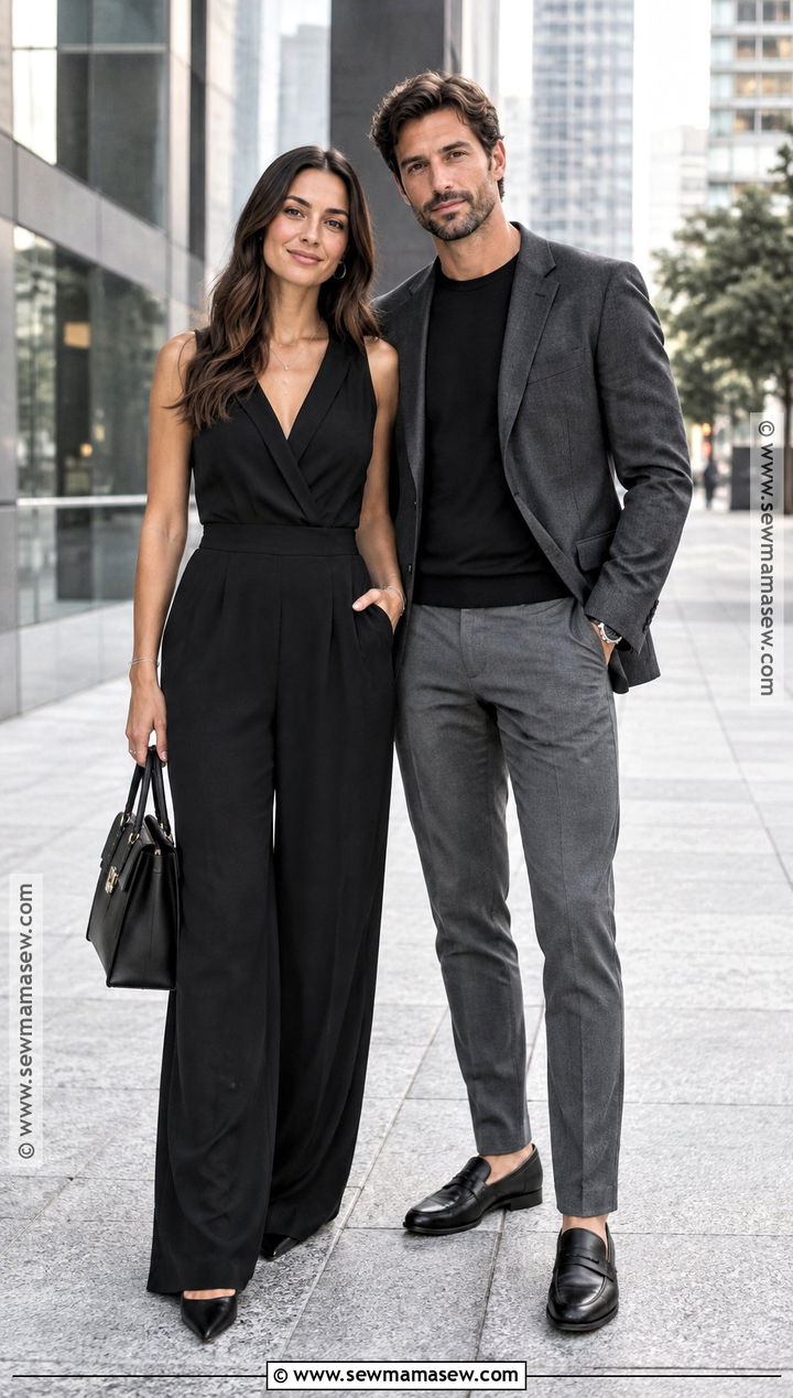Black Jumpsuit And Gray Trousers September Couple Outfit - 15 september couple photoshoot outfits