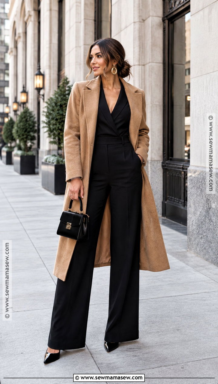 Black Jumpsuit And Long Coat Engagement Outfit - 15 Engagement Outfit Ideas Fall