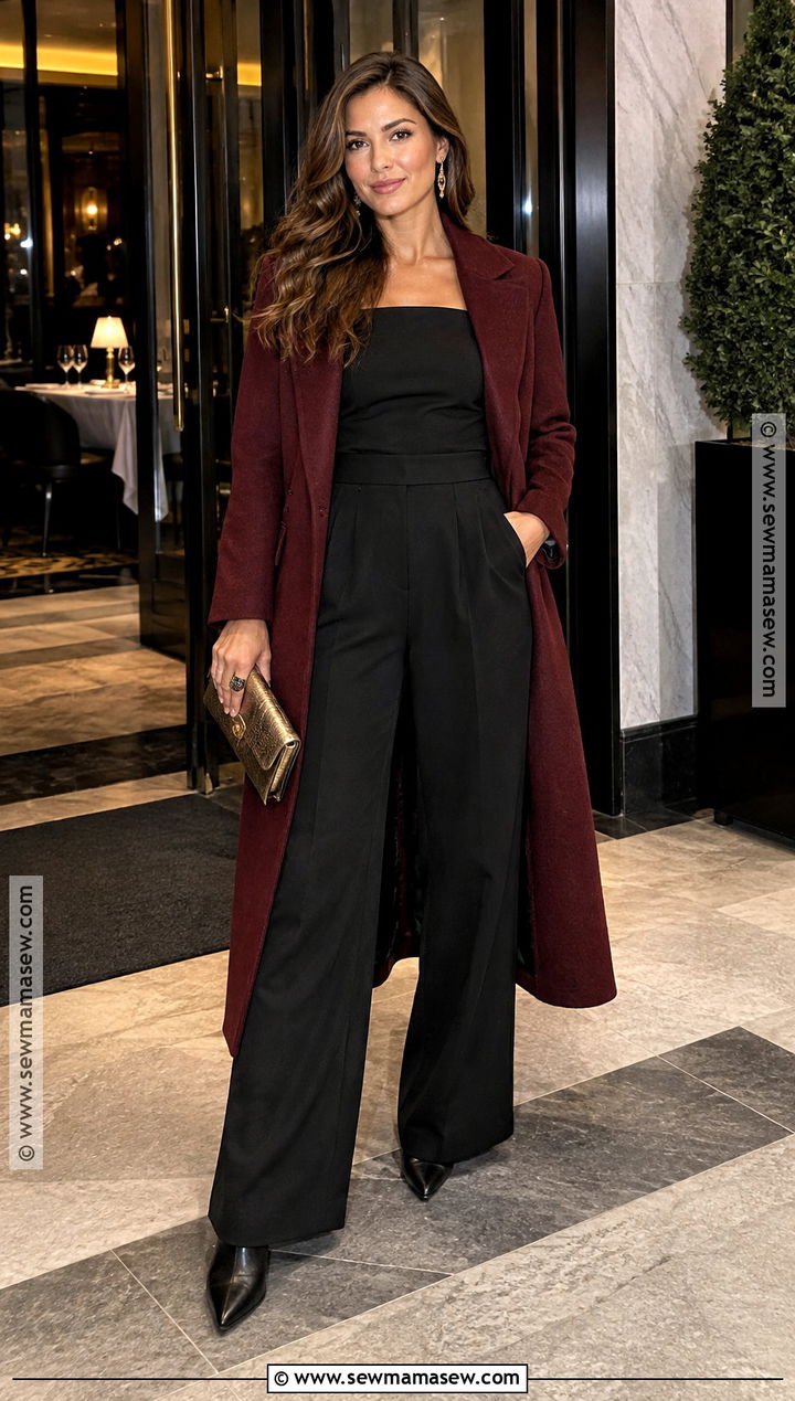 Black Jumpsuit And Long Coat Steakhouse Dinner Outfit - 20 Steakhouse Dinner Outfit Fall Ideas for Women
