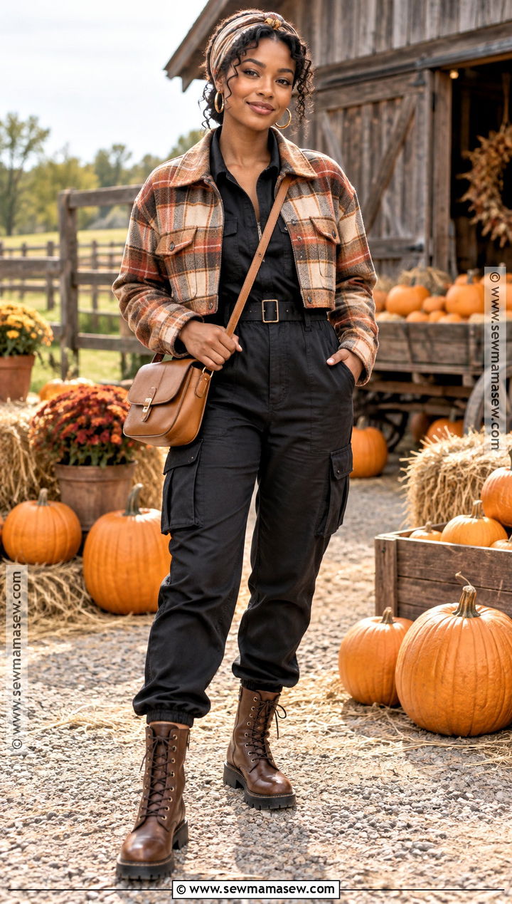 Black Jumpsuit And Plaid Jacket Pumpkin Patch Outfit - 25 pumpkin patch outfit ideas for black women