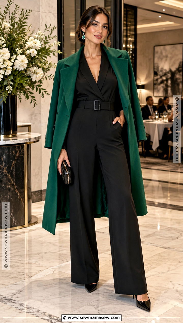 Black Jumpsuit And Statement Coat Fall Dinner Outfit - 20 dinner fall outfit ideas