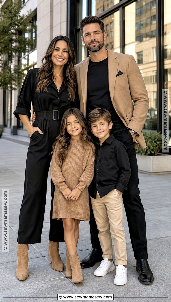 Black Jumpsuit And Tan Blazer Family Outfit - 15 fall family pictures outfits black and tan