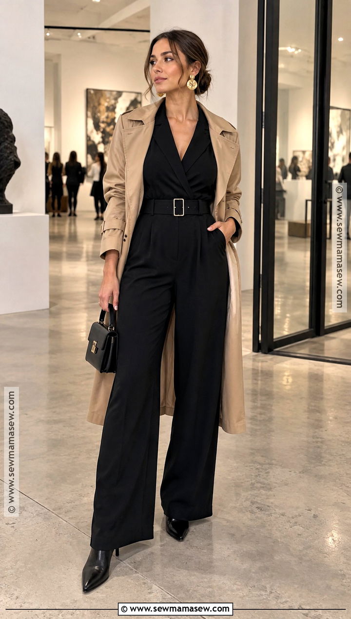 Black Jumpsuit And Trench Coat Fall Night Out Outfit - 20 nightout fall outfits