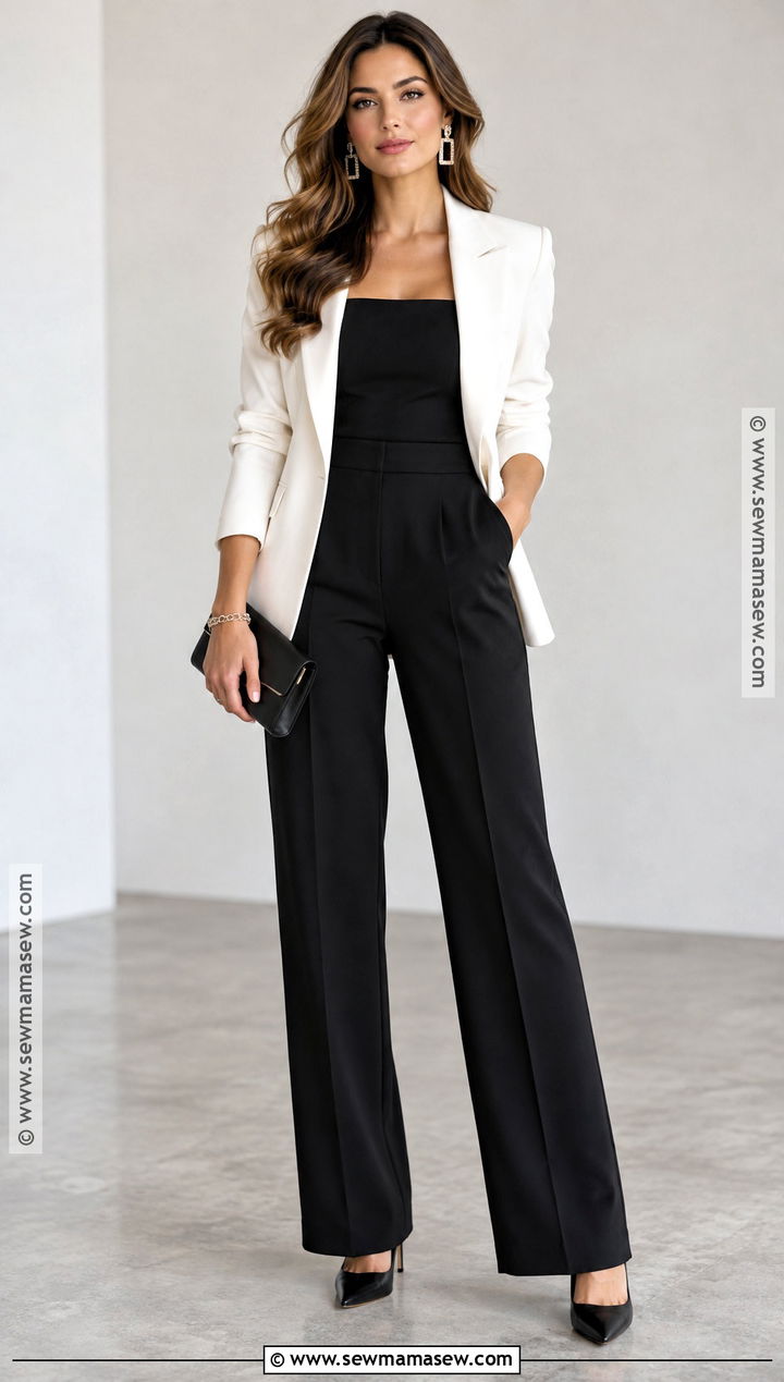 Black Jumpsuit And White Blazer Fall Photo Outfit - 15 Black And White Fall Photo Outfits