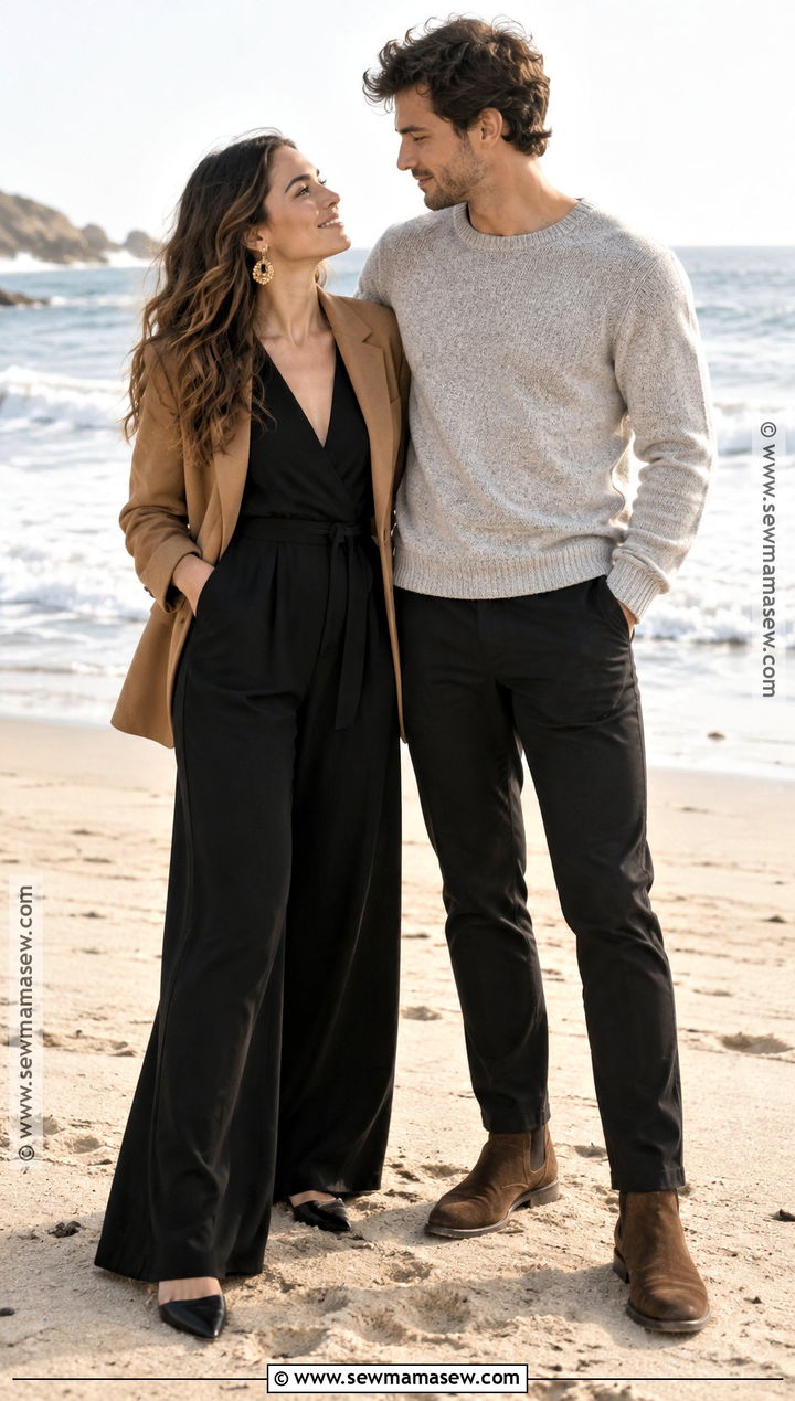 Black Jumpsuit Fall Beach Engagement Outfit - 15 fall beach engagement photos outfit ideas