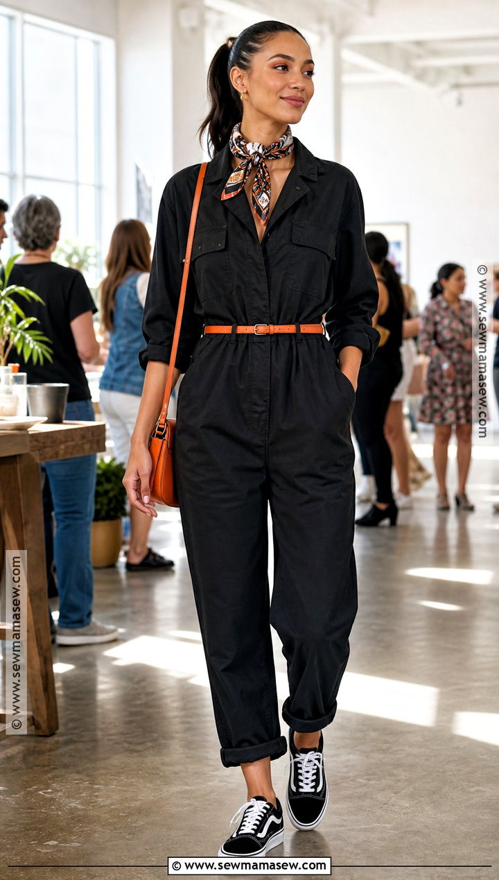 Black Jumpsuit Halloween Outfit With Orange Accessories - 30 Halloween Casual Outfits