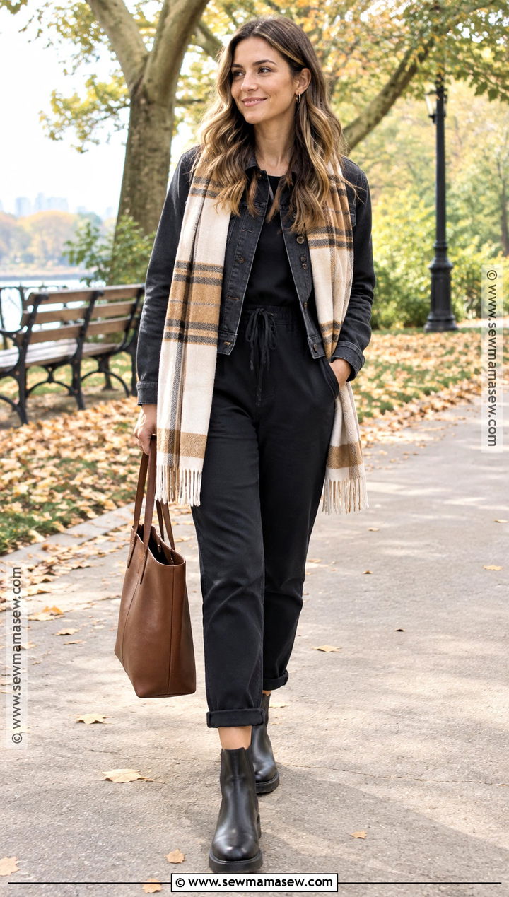 Black Jumpsuit With Blanket Scarf And Chelsea Boots - 20 black jumpsuit outfit fall ideas