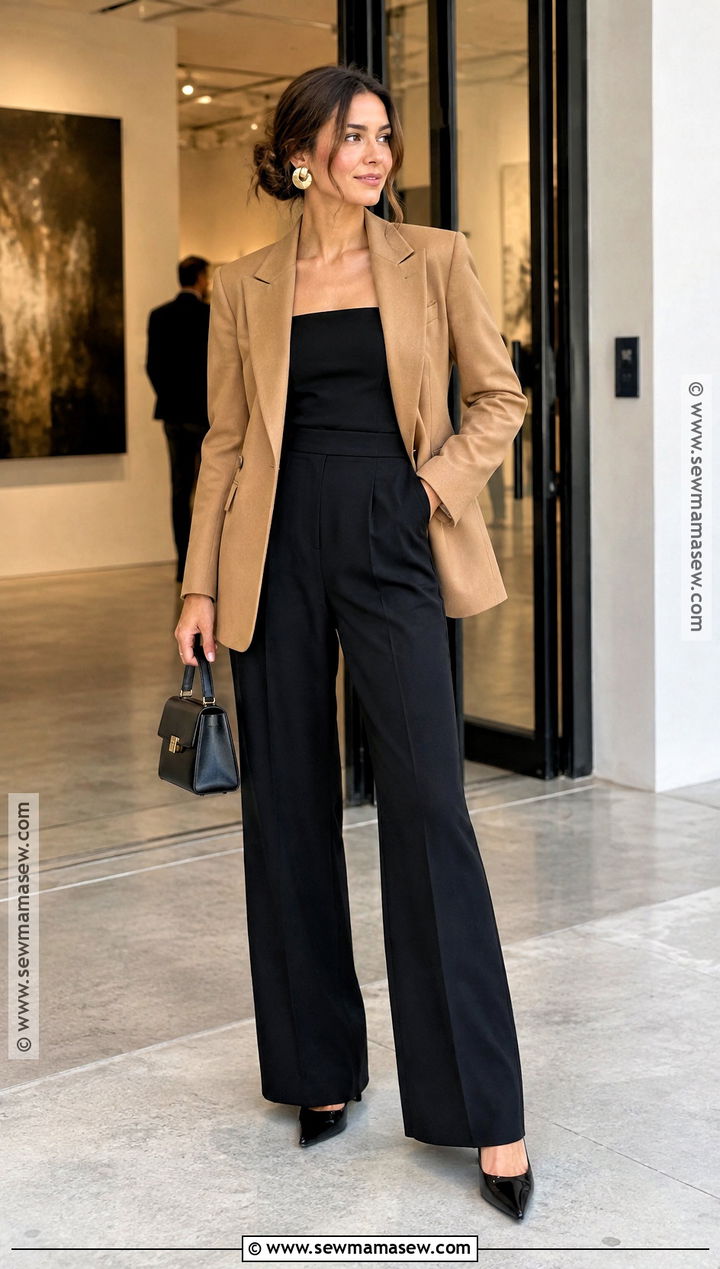 Black Jumpsuit With Camel Blazer - 20 formal autumn outfit ideas